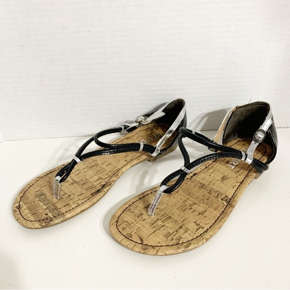 Report Cinda Faux Leather Faux Cork Thong Sandals Heel Back Adjust Ankle Straps - Picture 2 of 8